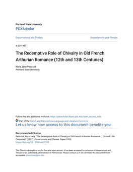 The Redemptive Role of Chivalry in Old French Arthurian Romance (12Th and 13Th Centuries)