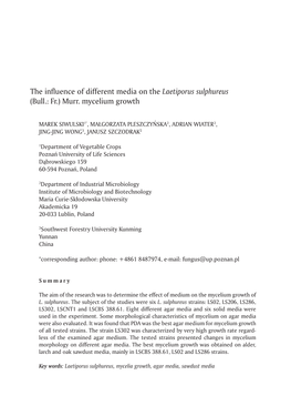 The Influence of Different Media on the Laetiporus Sulphureus (Bull.: Fr.) Murr