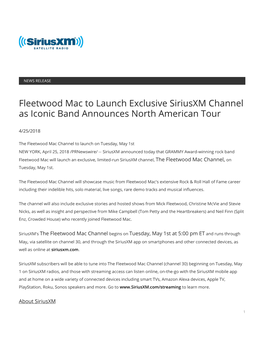 Fleetwood Mac to Launch Exclusive Siriusxm Channel As Iconic Band Announces North American Tour