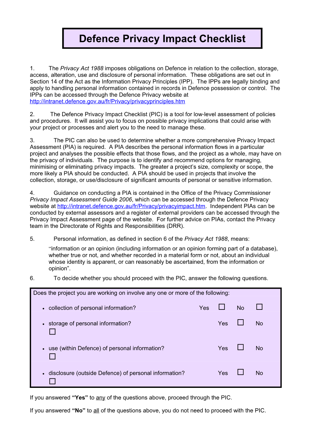 Defence Privacy Impact Checklist