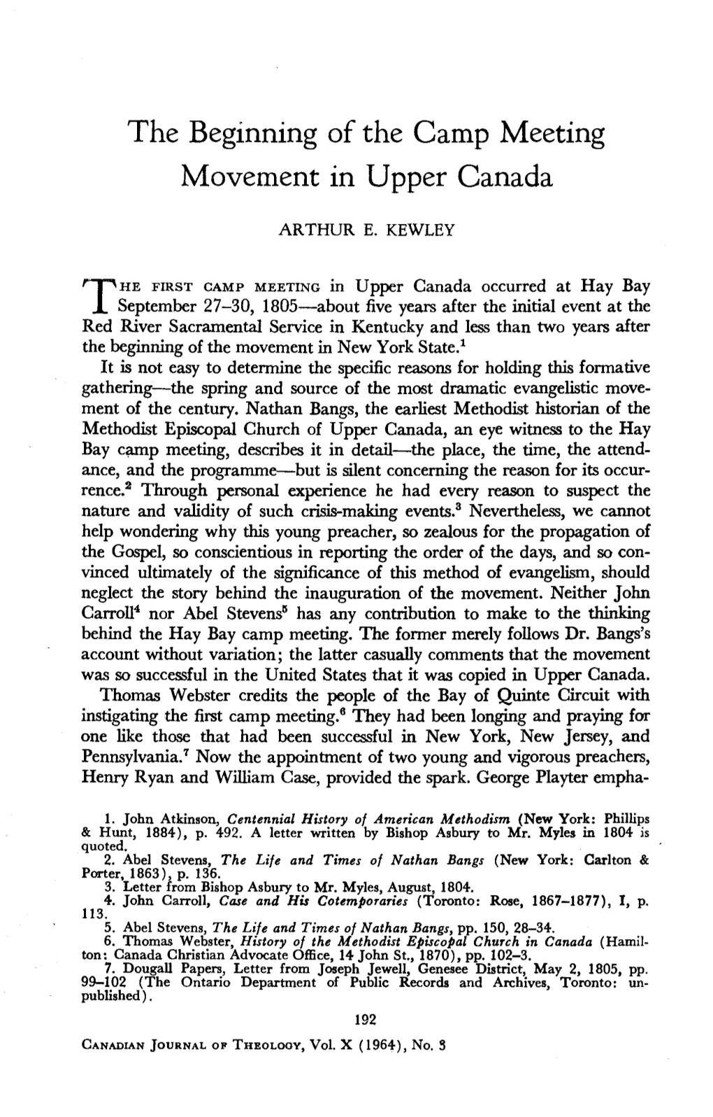 THE FIRST CAMP MEETING in Upper Canada Occurred at Hay