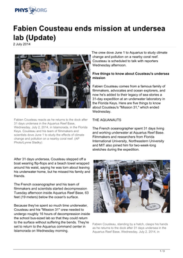 Fabien Cousteau Ends Mission at Undersea Lab (Update) 2 July 2014