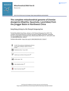 The Complete Mitochondrial Genome of Eremias Dzungarica (Reptilia, Squamata, Lacertidae) from the Junggar Basin in Northwest China