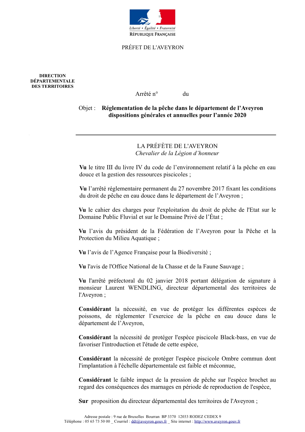 Arrêté N° Du Objet : Réglementation De La Pêche Dans Le Département