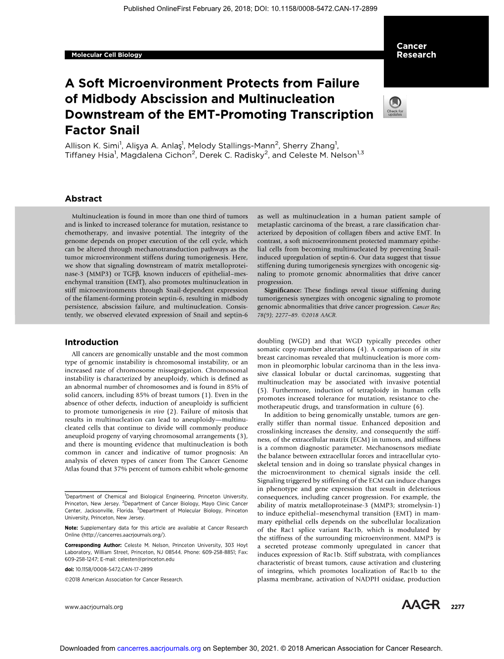 A Soft Microenvironment Protects from Failure of Midbody Abscission and Multinucleation Downstream of the EMT-Promoting Transcription Factor Snail Allison K