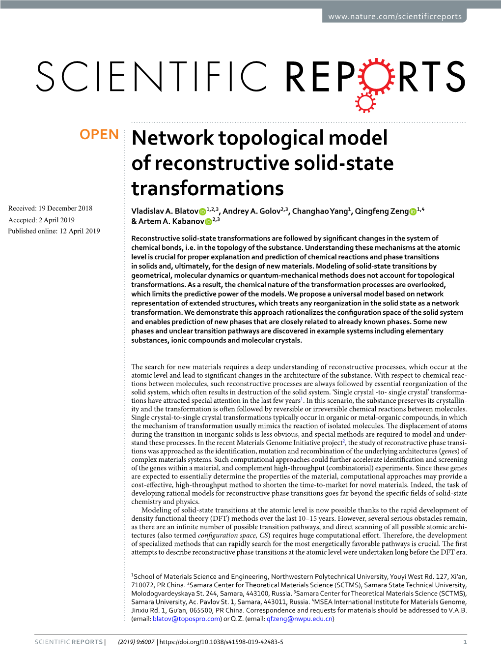 Network Topological Model of Reconstructive Solid-State Transformations Received: 19 December 2018 Vladislav A