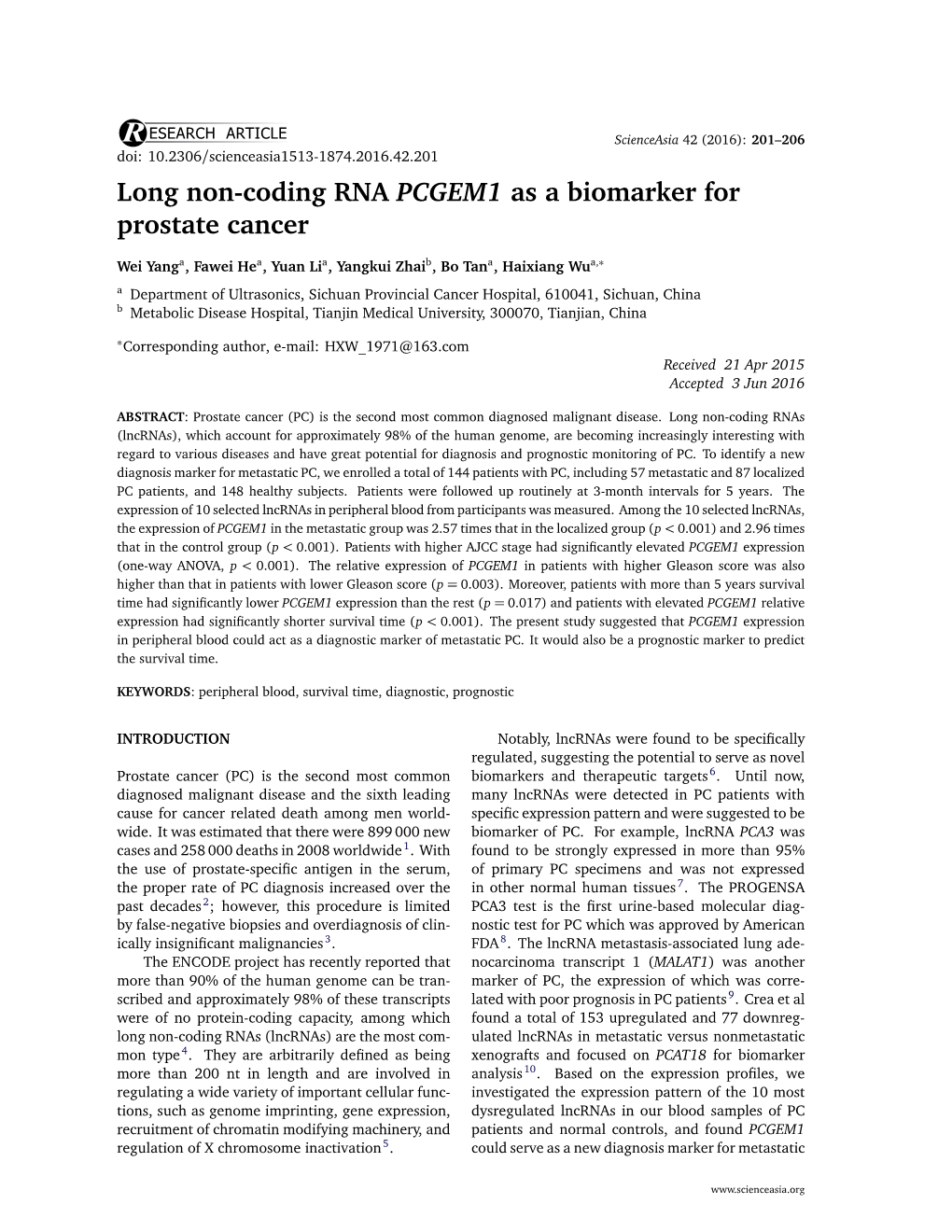 Long Non-Coding RNA PCGEM1 As a Biomarker for Prostate Cancer