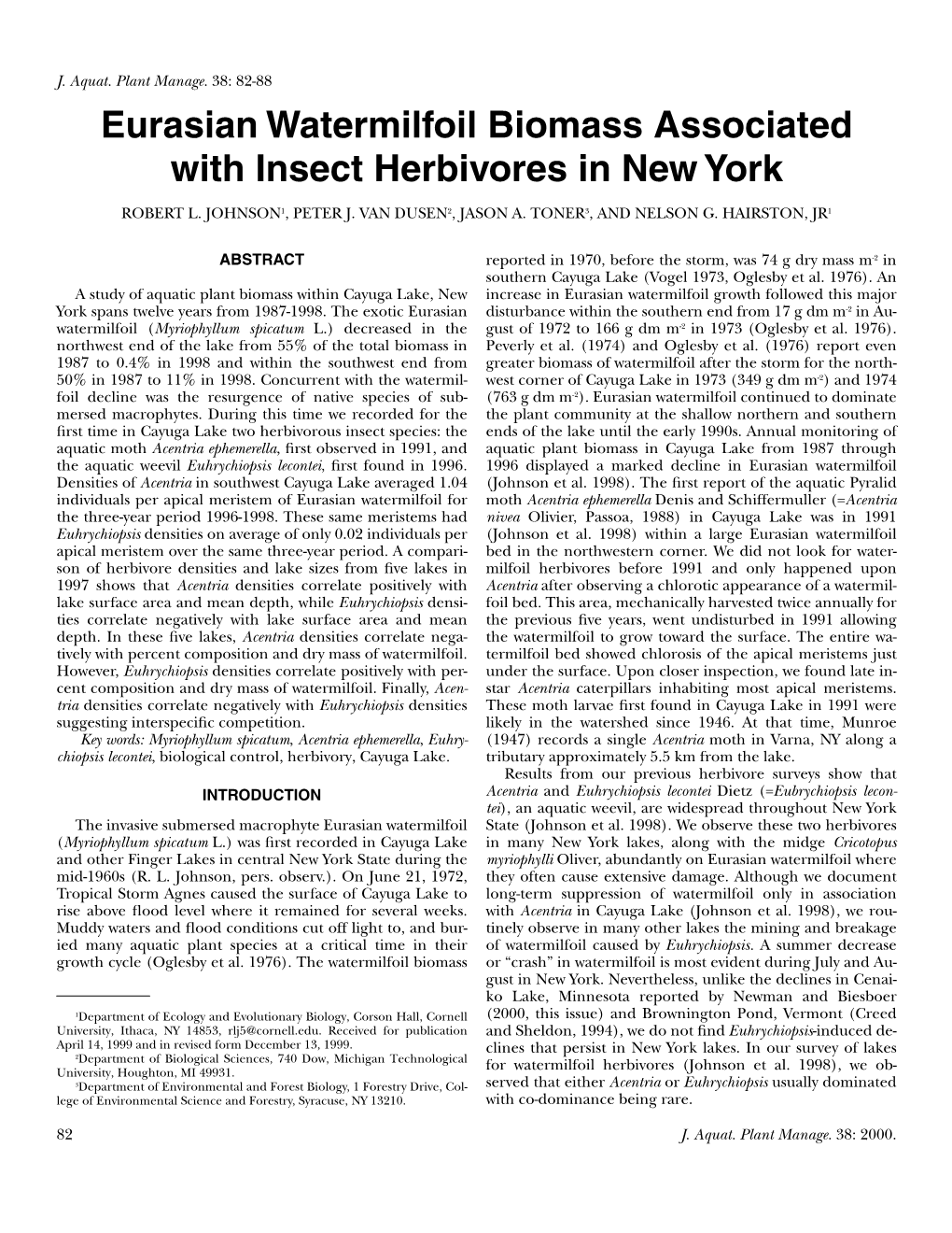 Eurasian Watermilfoil Biomass Associated with Insect Herbivores in New York