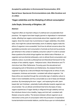 'Vegan Celebrities and the Lifestyling of Ethical Consumption' Julie Doyle