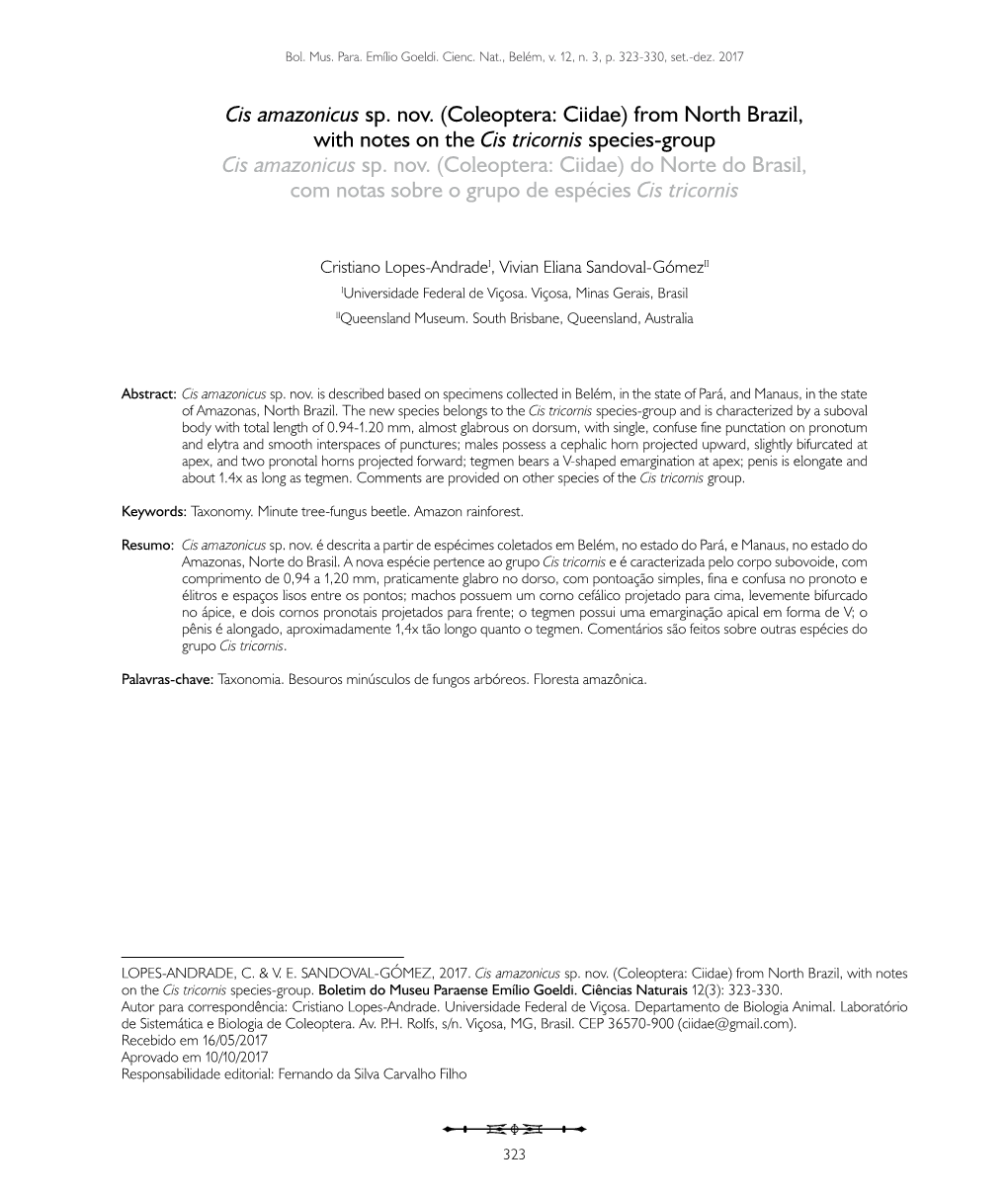 Cis Amazonicus Sp. Nov. (Coleoptera: Ciidae) from North Brazil, with Notes on the Cis Tricornis Species-Group Cis Amazonicus Sp