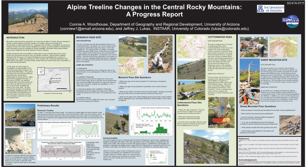 Alpine Treeline Changes in the Central Rocky Mountains: a Progress Report