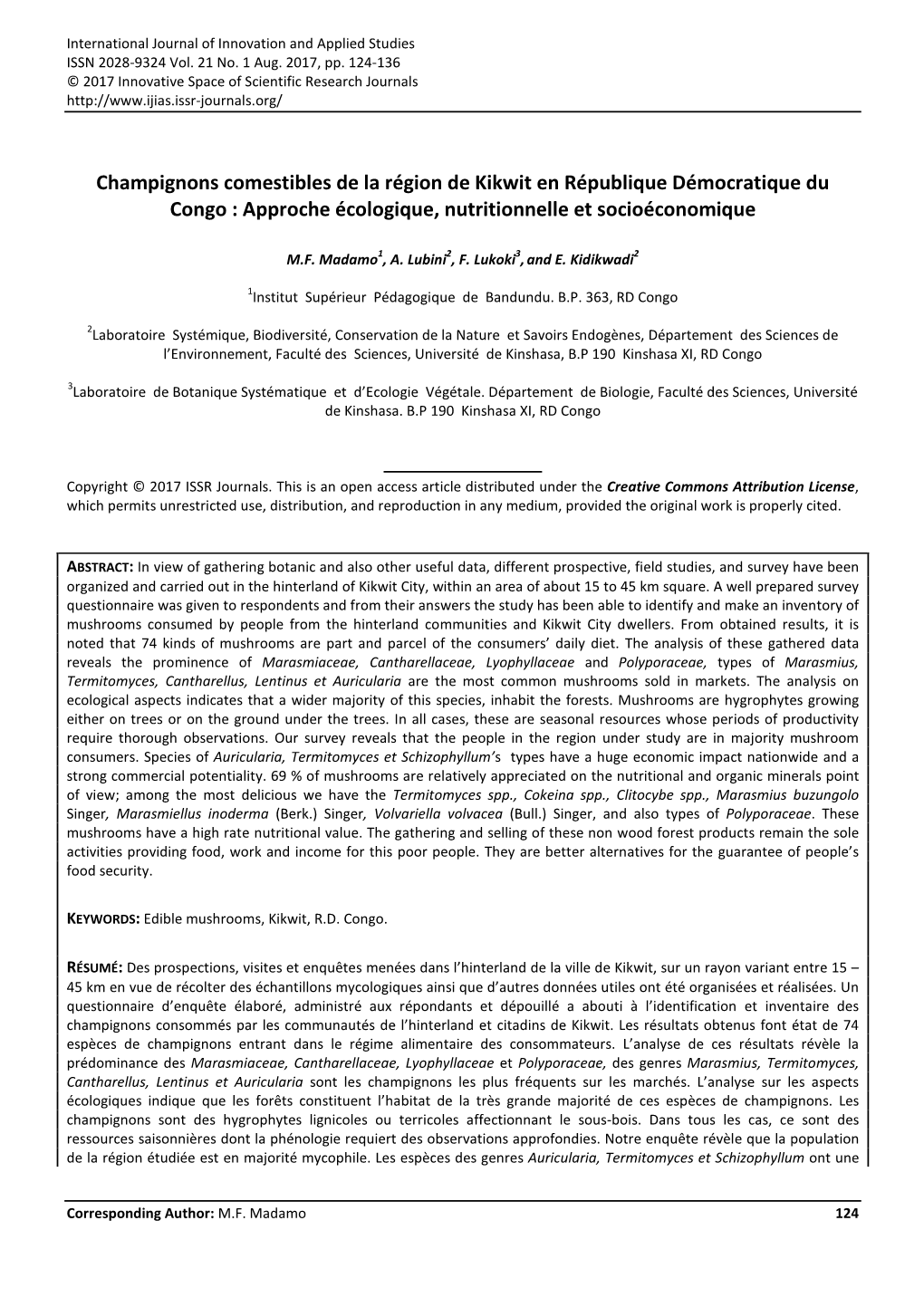 Champignons Comestibles De La Région De Kikwit En République Démocratique Du Congo : Approche Écologique, Nutritionnelle Et Socioéconomique