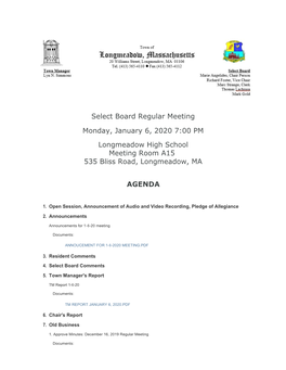 Select Board Regular Meeting Monday December 16, 2019 - 7:00 P.M