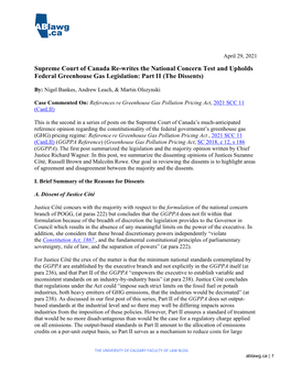 Supreme Court of Canada Re-Writes the National Concern Test and Upholds Federal Greenhouse Gas Legislation: Part II (The Dissents)