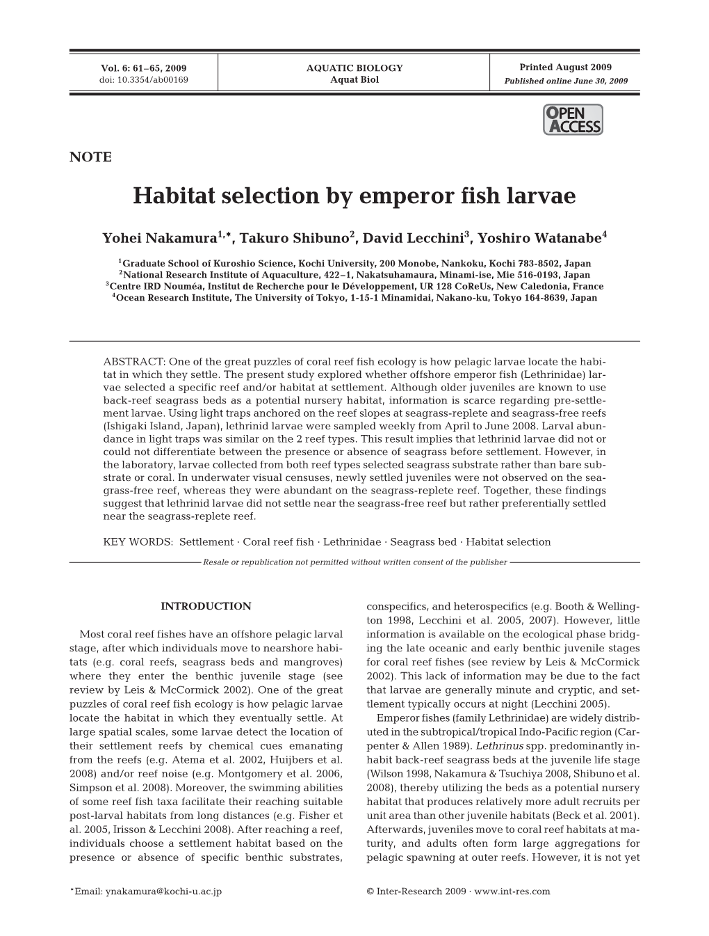 Habitat Selection by Emperor Fish Larvae