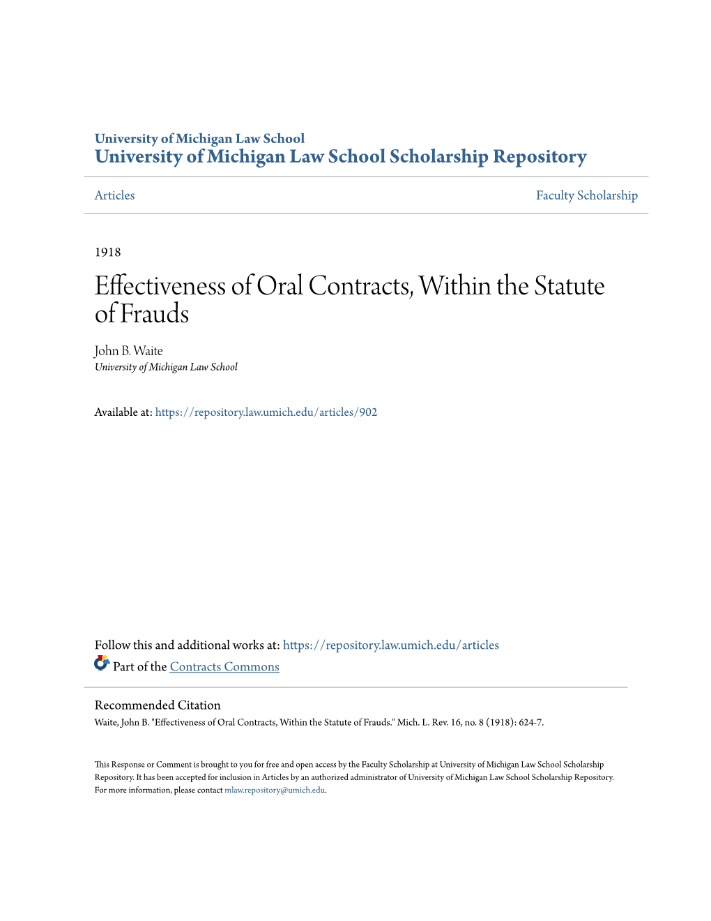 Effectiveness of Oral Contracts, Within the Statute of Frauds John B