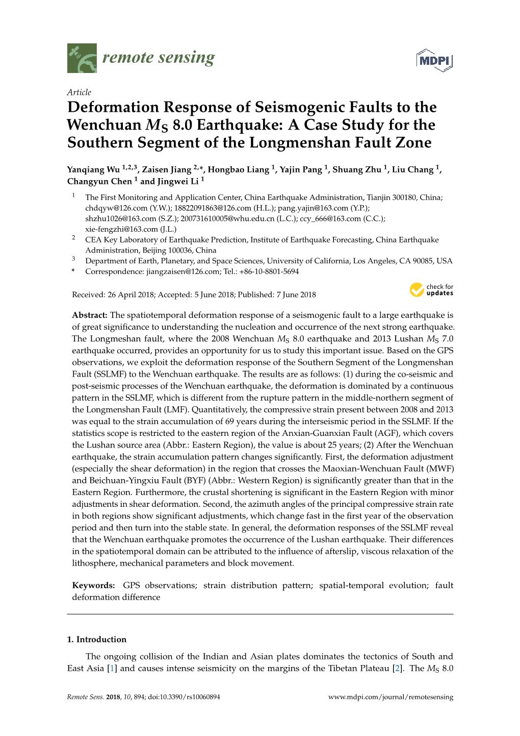 Deformation Response of Seismogenic Faults to the Wenchuan MS 8.0 Earthquake: a Case Study for the Southern Segment of the Longmenshan Fault Zone