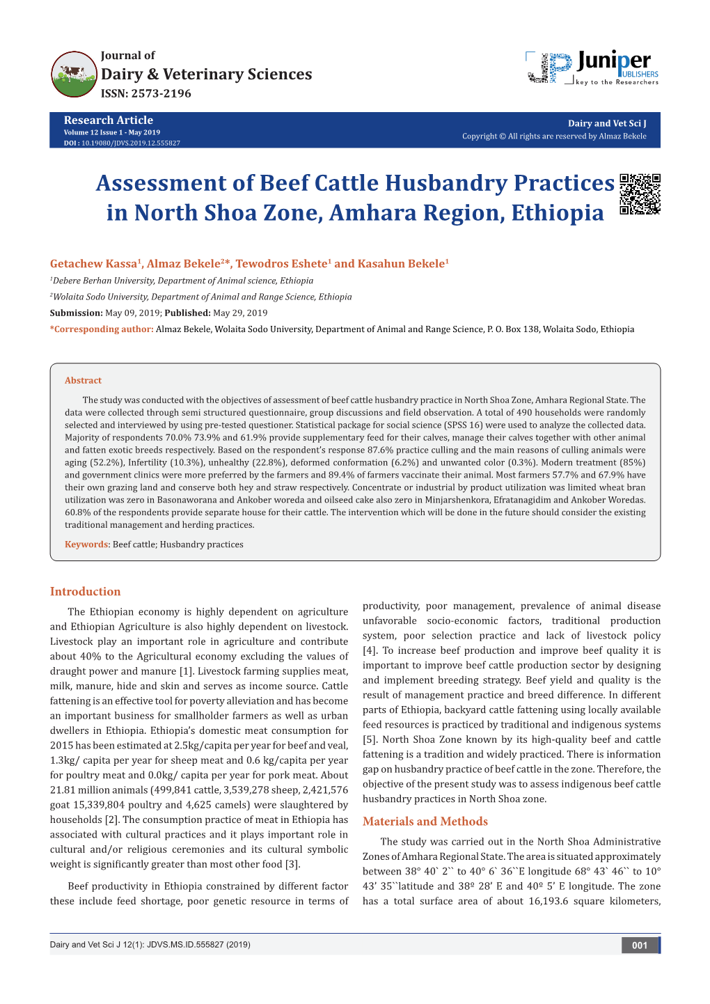 Assessment of Beef Cattle Husbandry Practices in North Shoa Zone, Amhara Region, Ethiopia