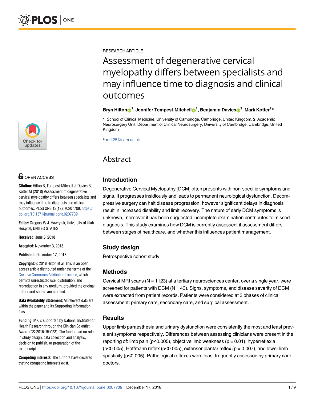 Assessment of Degenerative Cervical Myelopathy Differs Between Specialists and May Influence Time to Diagnosis and Clinical Outcomes