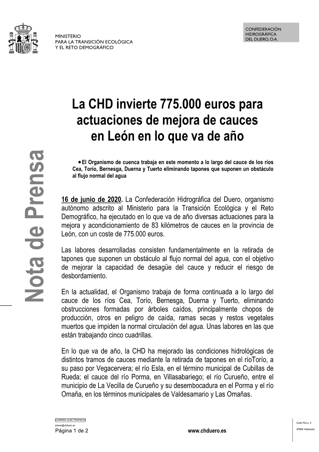 Nota De Prensa CHD Actuaciones Cauces En León 16062020.Pdf