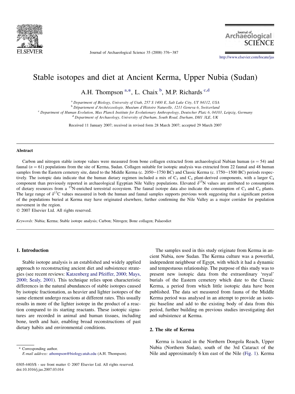 Stable Isotopes and Diet at Ancient Kerma, Upper Nubia (Sudan)