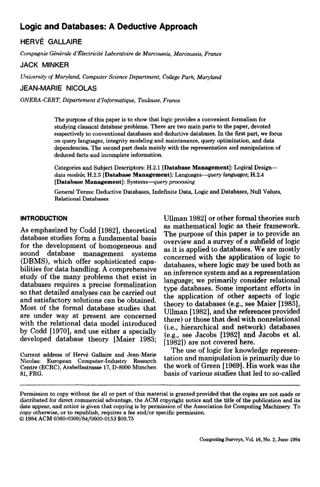 Logic and Databases: a Deductive Approach INTRODUCTION