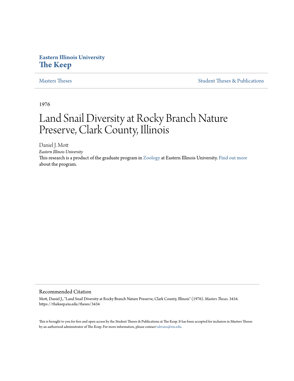 Land Snail Diversity at Rocky Branch Nature Preserve, Clark County, Illinois Daniel J