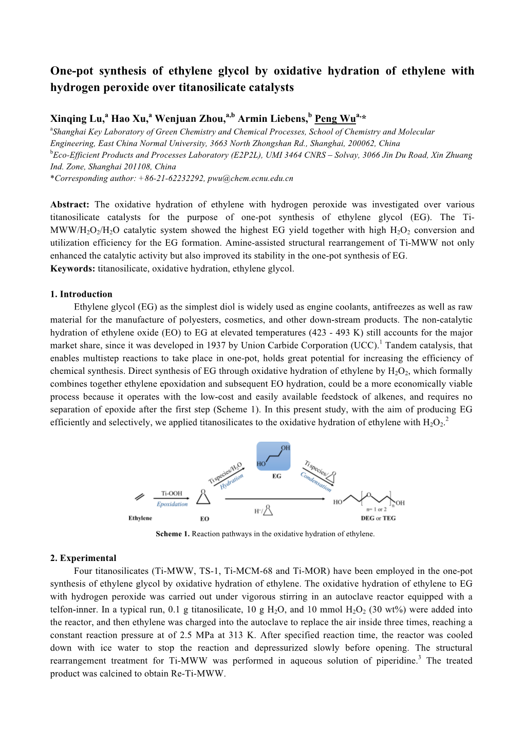 One-Pot Synthesis of Ethylene Glycol by Oxidative Hydration of Ethylene with Hydrogen Peroxide Over Titanosilicate Catalysts