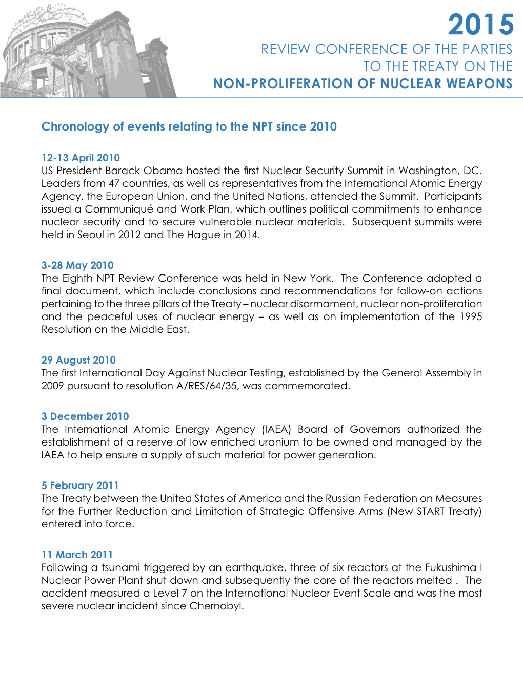 Chronology of Events Relating to the NPT Since 2010