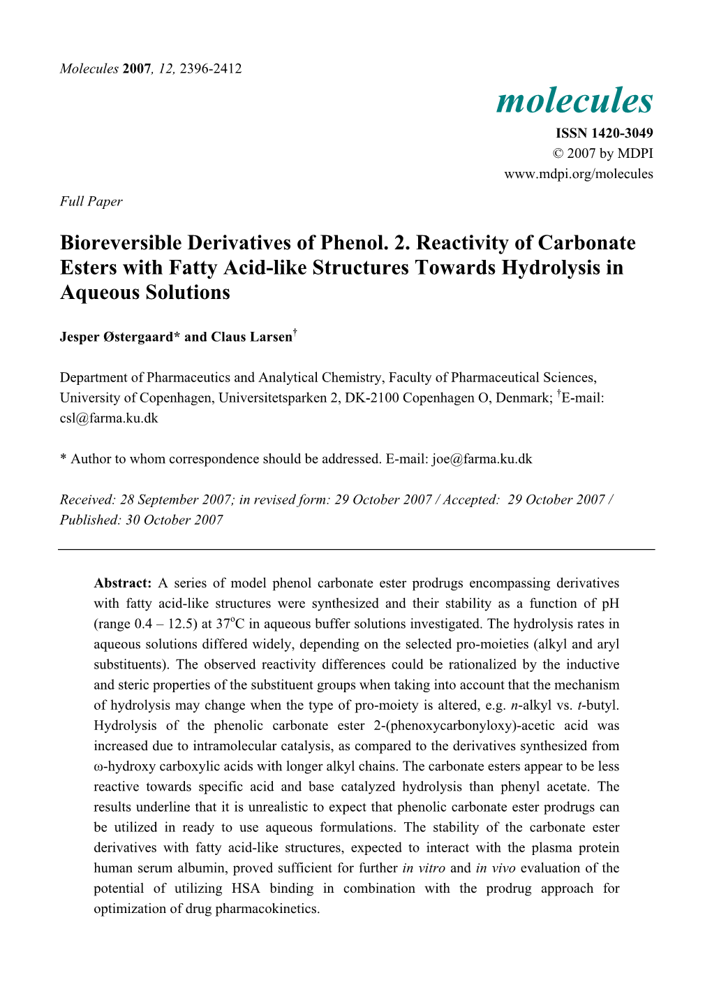 Bioreversible Derivatives of Phenol. 2. Reactivity of Carbonate Esters with Fatty Acid-Like Structures Towards Hydrolysis in Aqueous Solutions