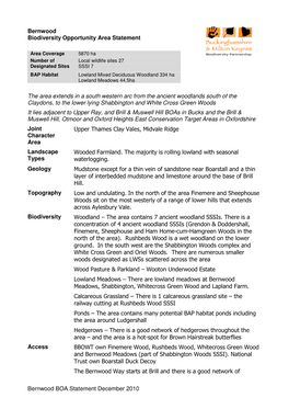 Bernwood BOA Statement December 2010 Bernwood Biodiversity Opportunity Area Statement the Area Extends in a South Western Arc F