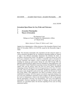 AAA 343/09 Jerusalem Open House for Gay Pride and Tolerance V. 1. Jerusalem Municipality 2. Mayor of Jerusalem