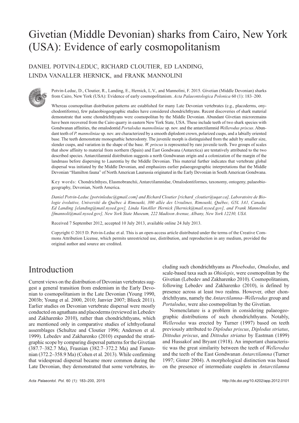 Givetian (Middle Devonian) Sharks from Cairo, New York (USA): Evidence of Early Cosmopolitanism