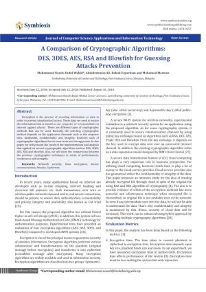 A Comparison of Cryptographic Algorithms: DES, 3DES, AES, RSA