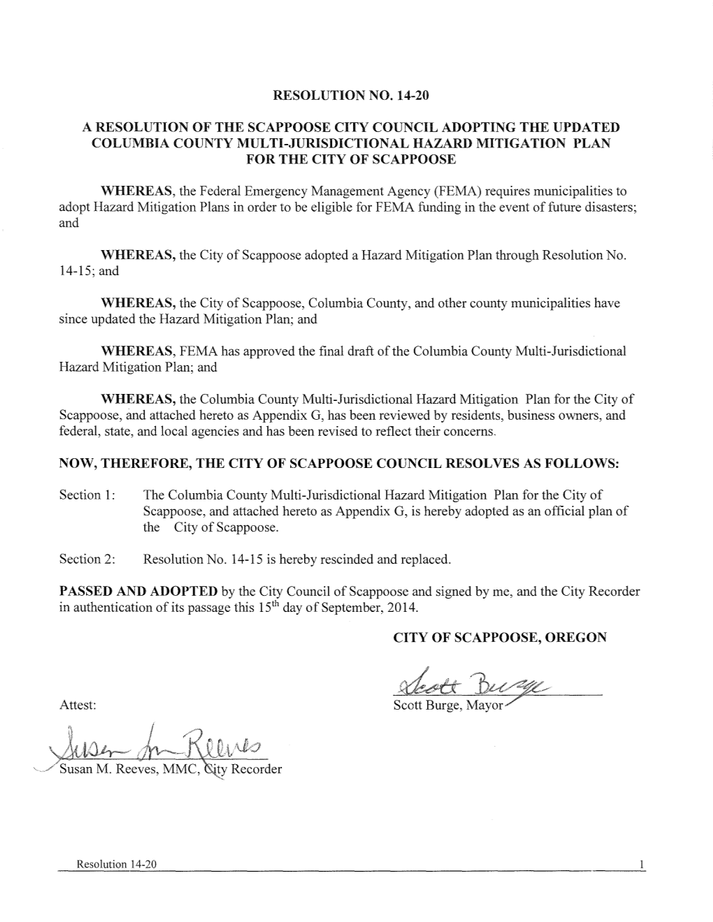Resolution No. 14-20 a Resolution of the Scappoose City Council Adopting the Updated Columbia County Multi-Jurisdictional Hazard