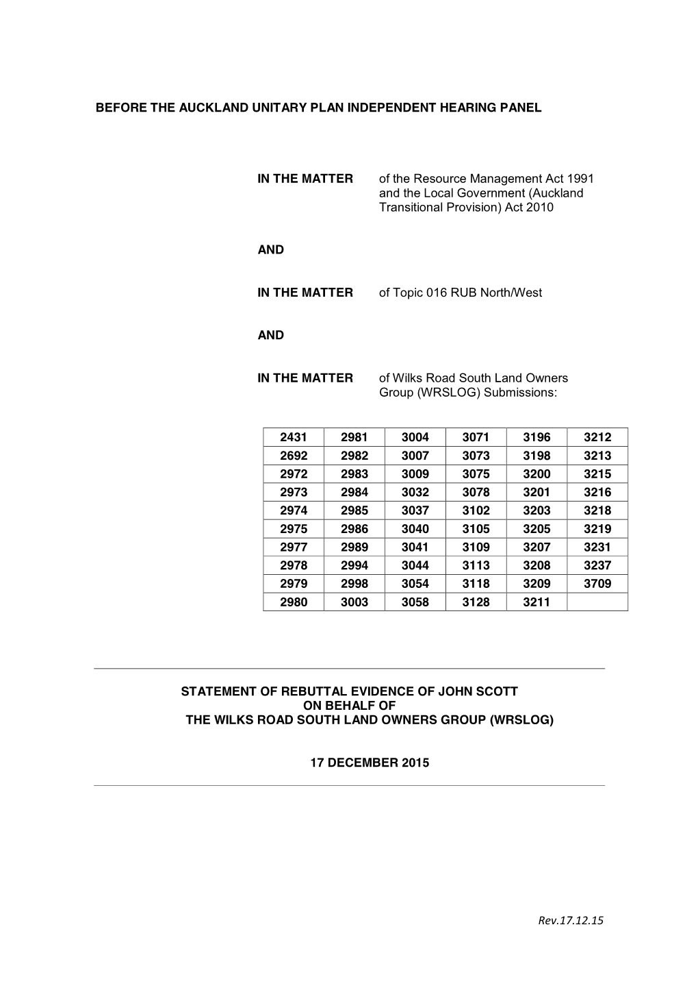 Rev.17.12.15 BEFORE the AUCKLAND UNITARY PLAN