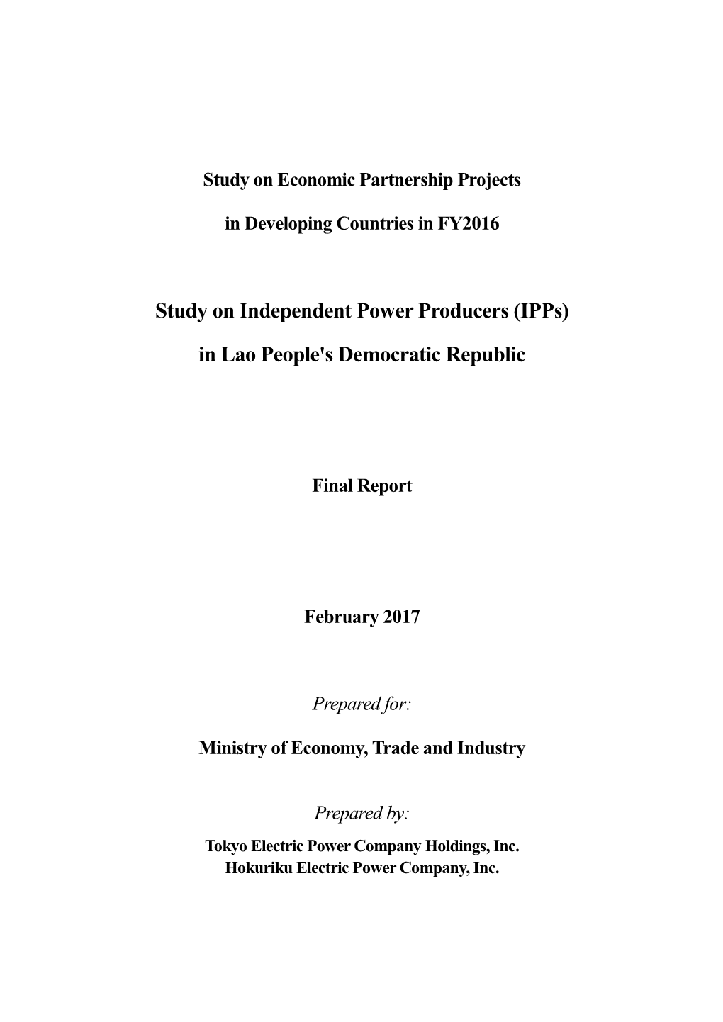 Study on Independent Power Producers (Ipps) in Lao People's Democratic Republic