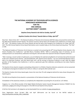 The 44Th Annual Daytime Emmy Award Nominations Were Revealed Today on the Emmy Award-Winning Show, “The Talk,” on CBS