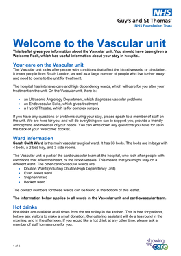 Welcome to the Vascular Unit This Leaflet Gives You Information About the Vascular Unit
