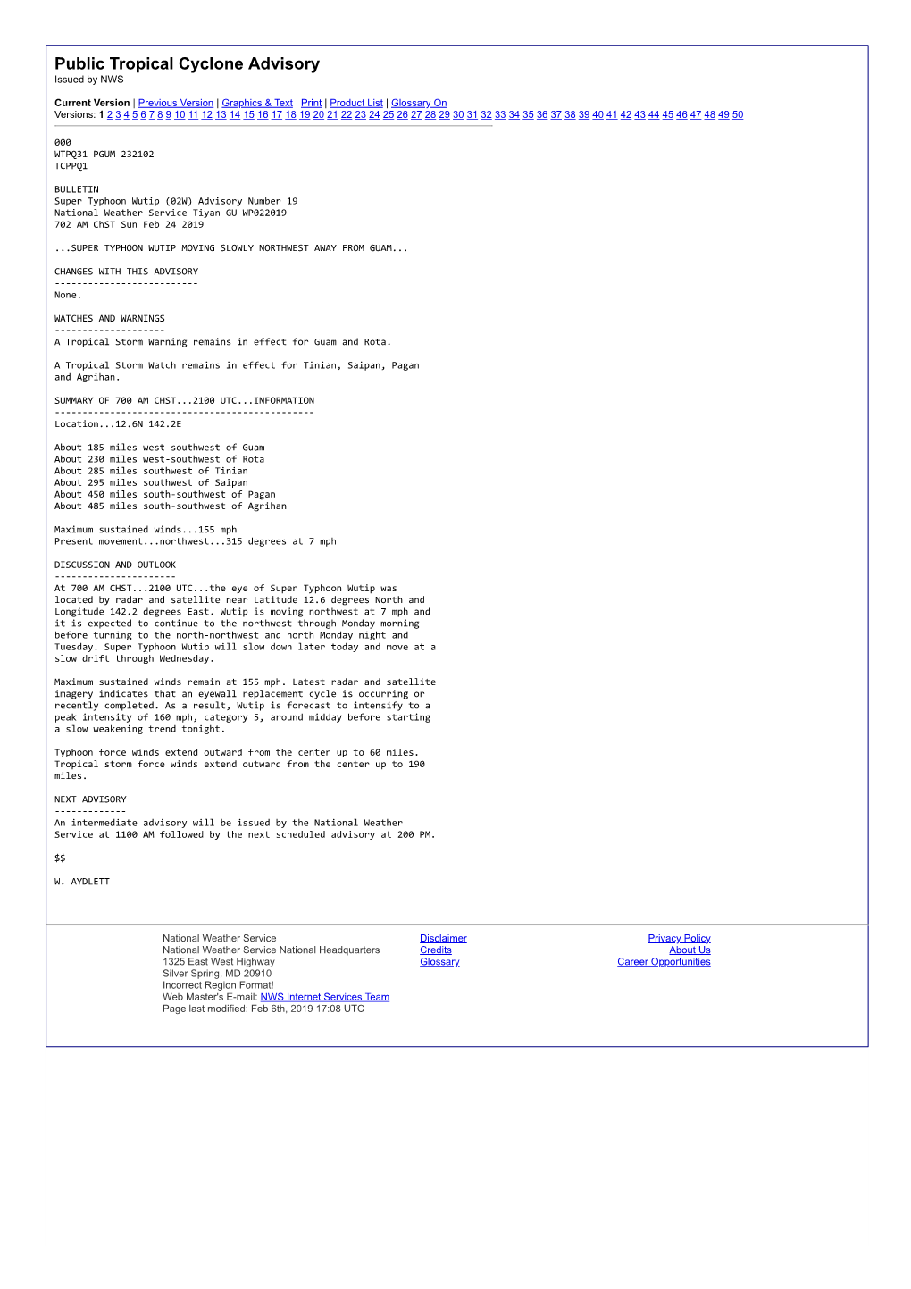 Public Tropical Cyclone Advisory Issued by NWS