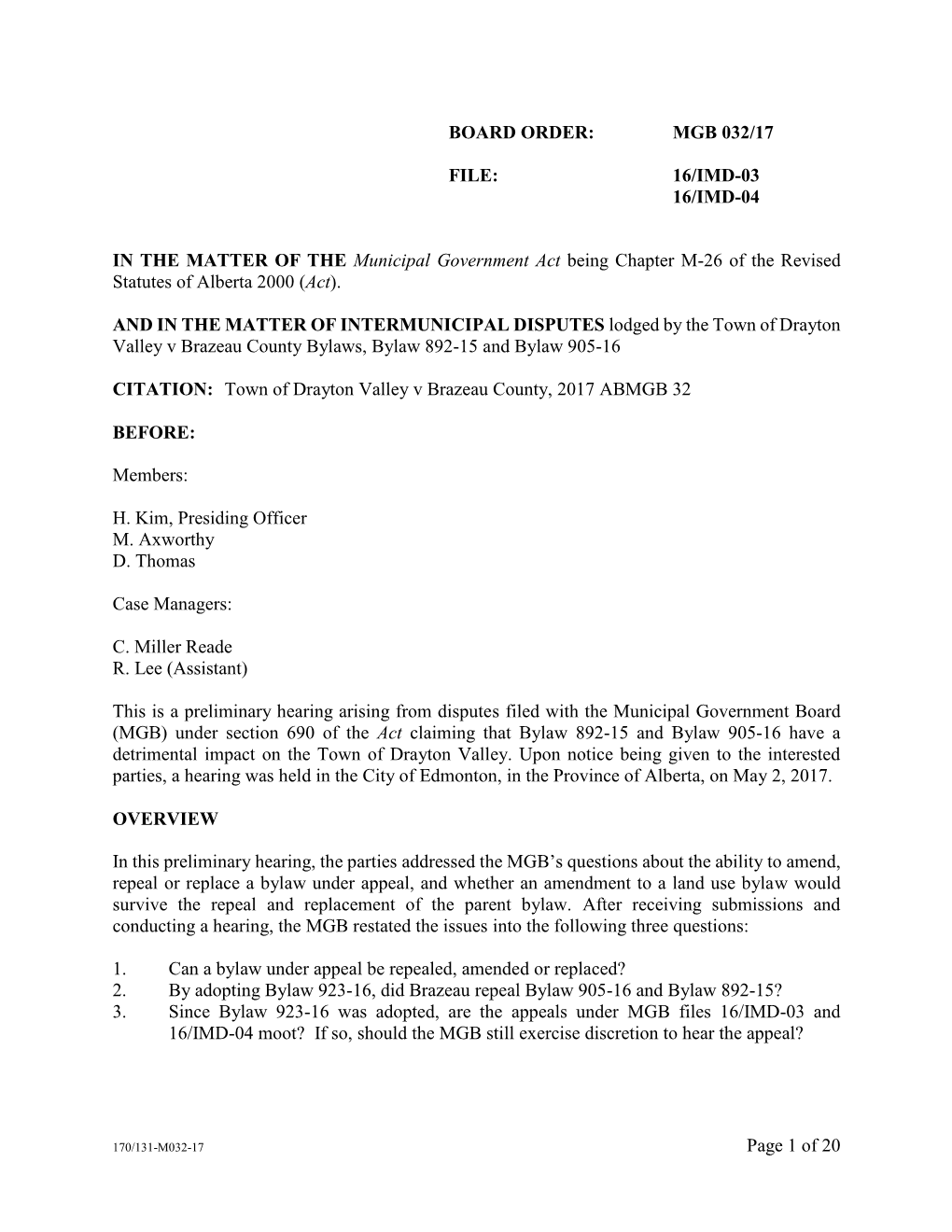 MGB Board Order 032/17 : Town of Drayton Valley V Brazeau County