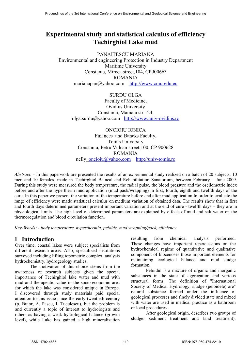 Experimental Study and Statistical Calculus of Efficiency Techirghiol Lake Mud