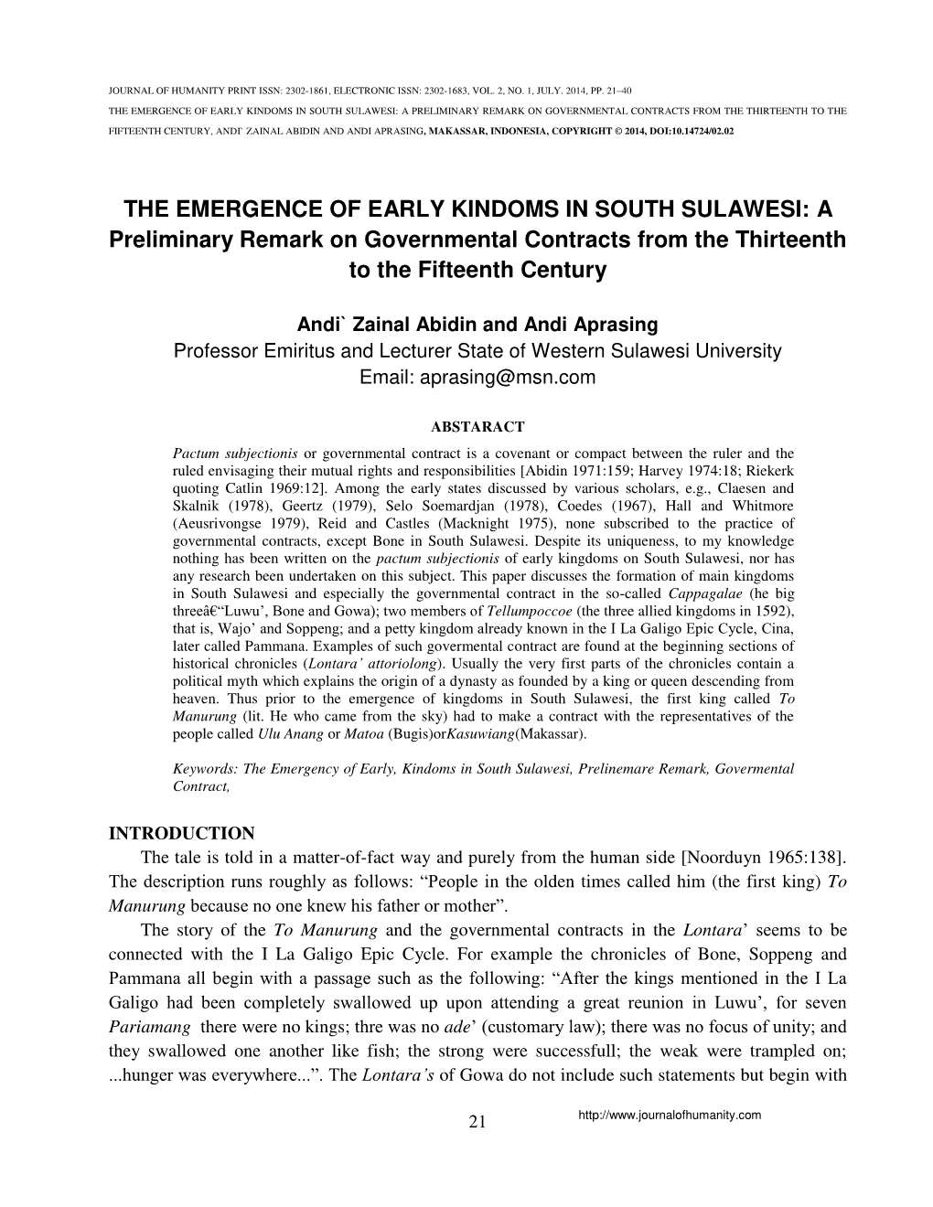 The Emergence of Early Kindoms in South Sulawesi: a Preliminary Remark on Governmental Contracts from the Thirteenth to The