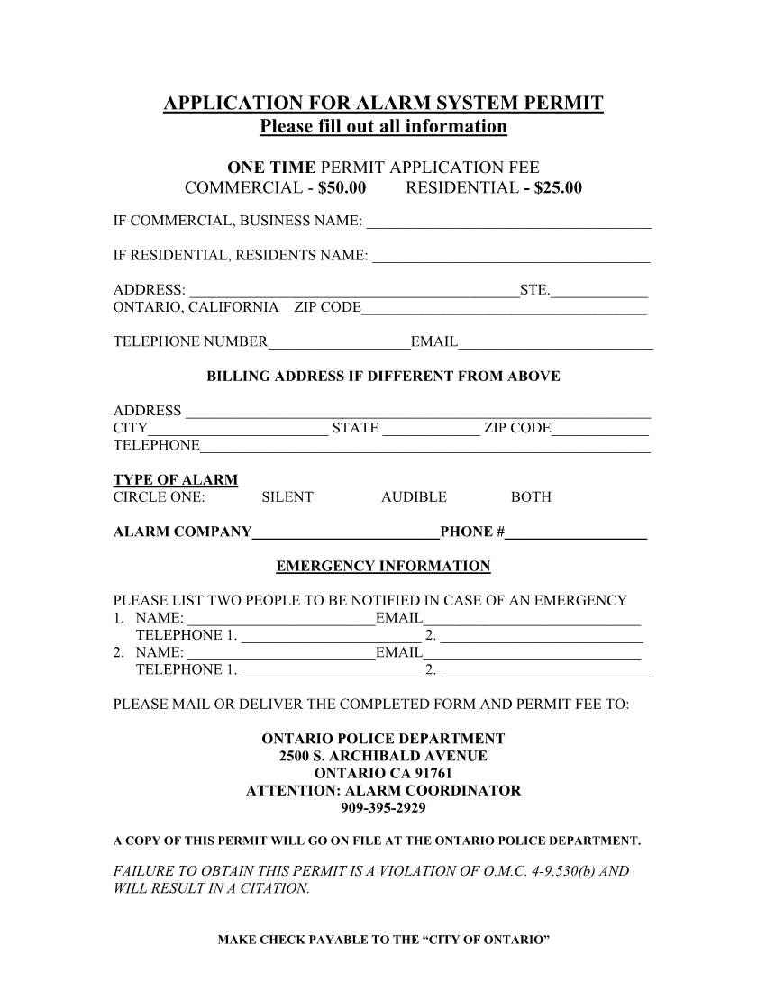APPLICATION for ALARM SYSTEM PERMIT Please Fill out All Information