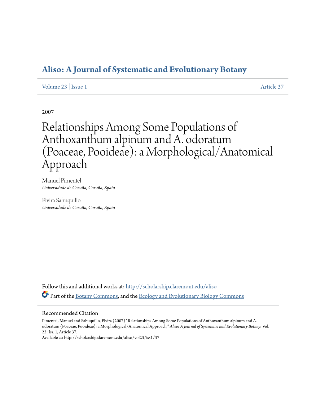 Relationships Among Some Populations of Anthoxanthum Alpinum and A