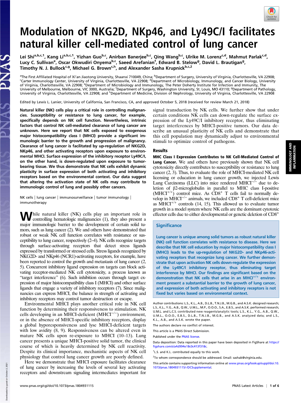 Modulation of NKG2D, Nkp46, and Ly49c/I Facilitates Natural Killer Cell-Mediated Control of Lung Cancer