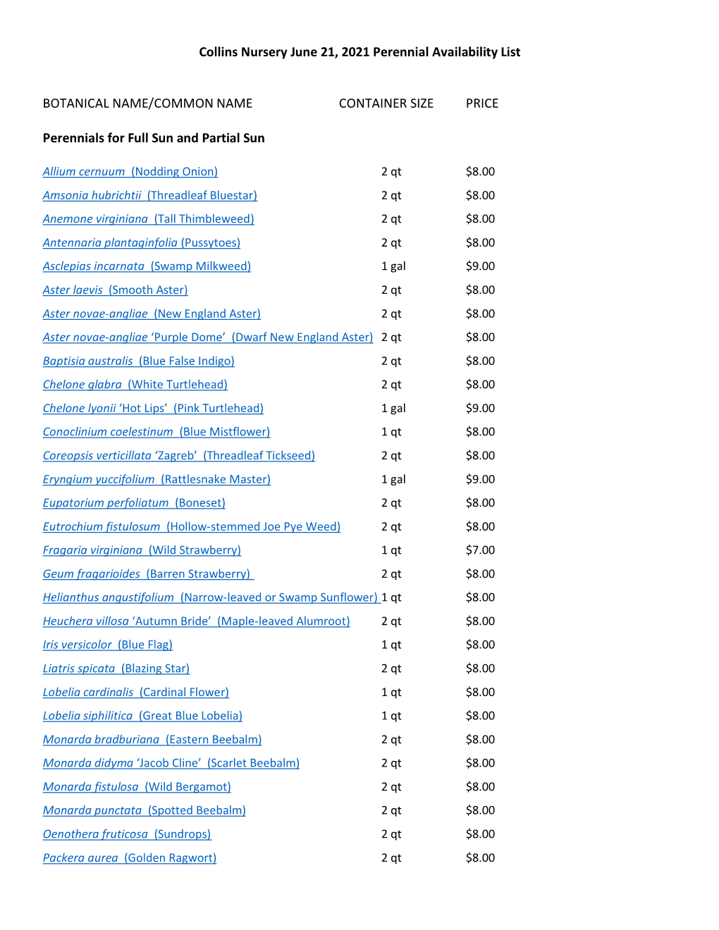 Collins Nursery June 21, 2021 Perennial Availability List