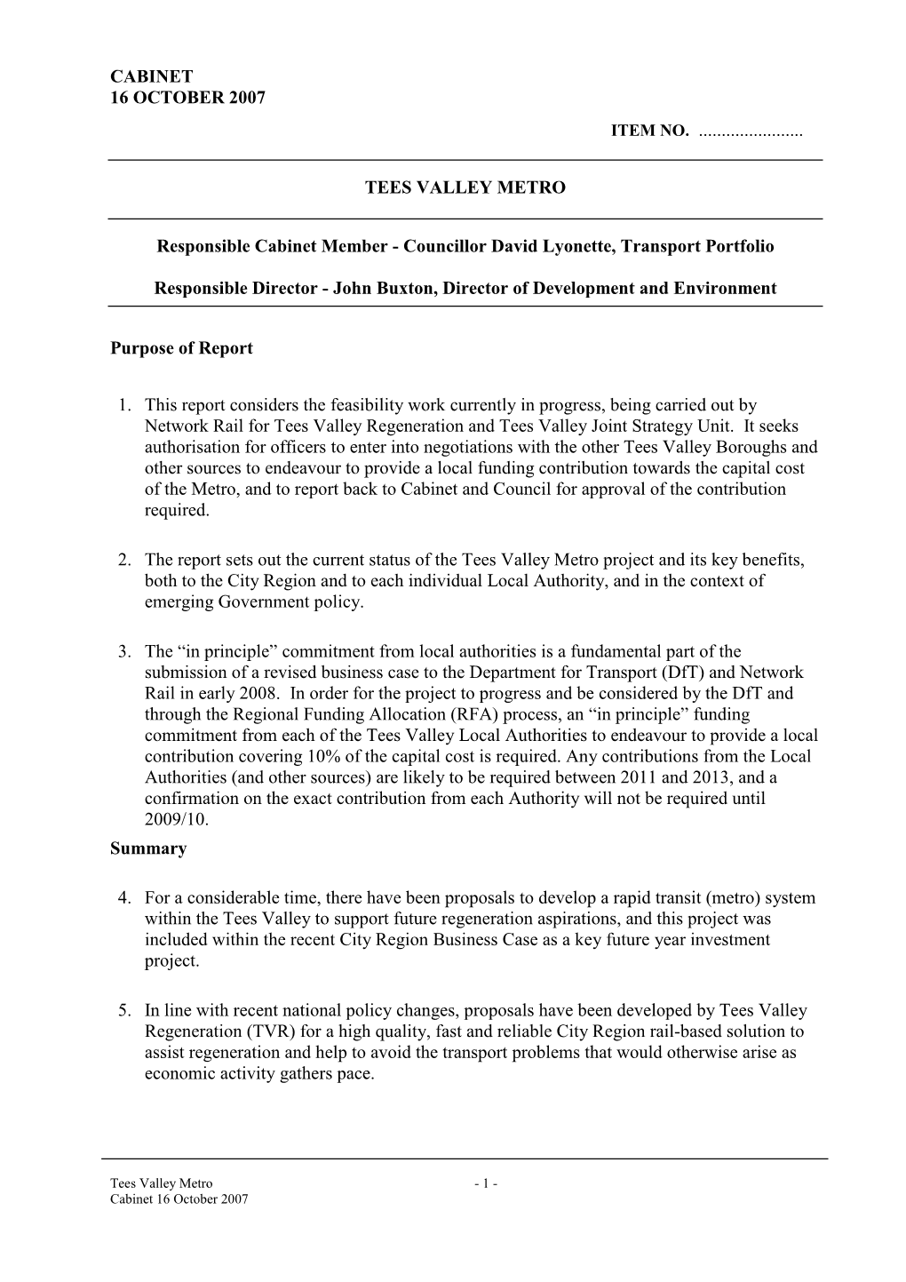 Cabinet 16 October 2007 Item No...Tees Valley
