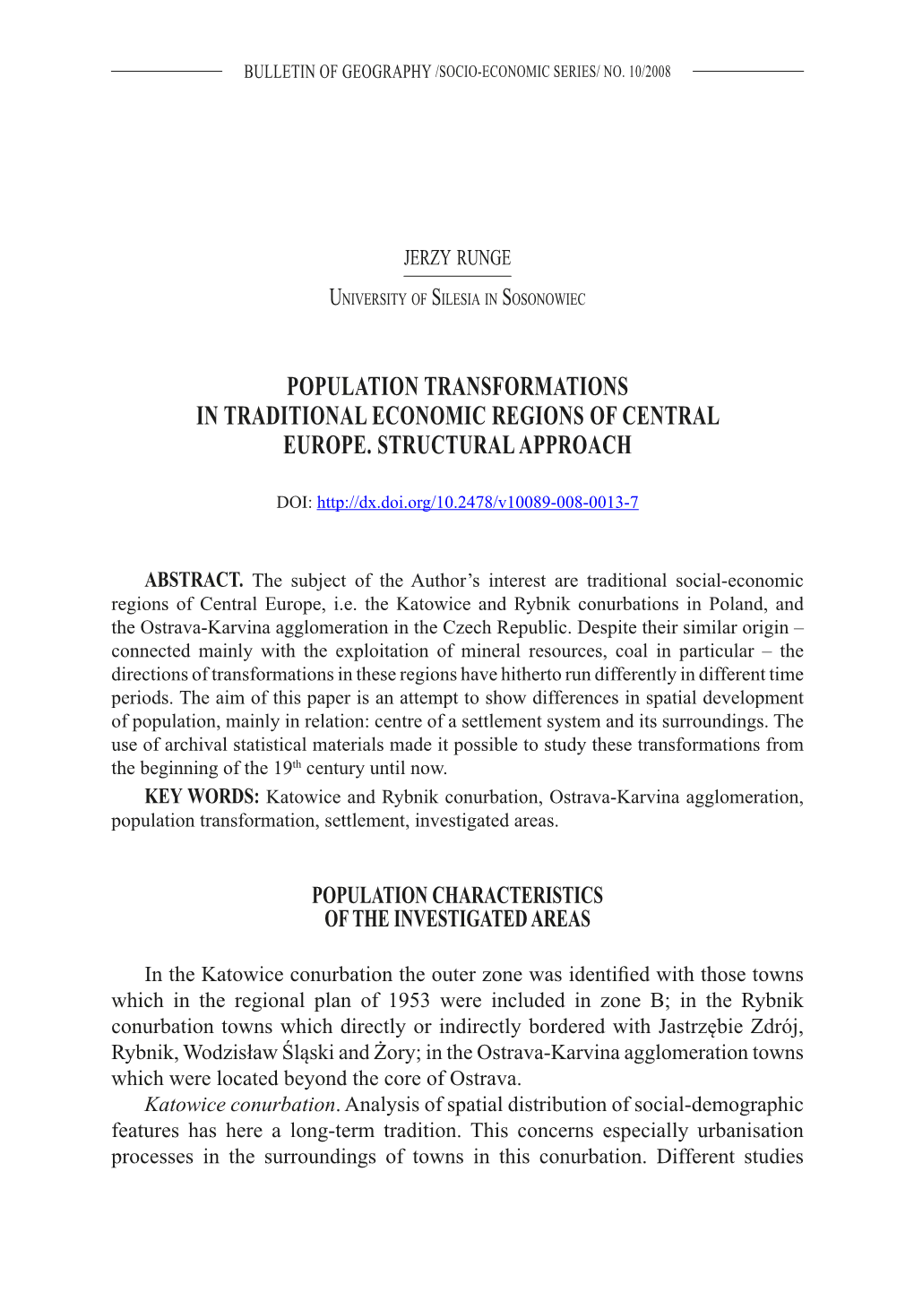 Population Transformations in Traditional Economic Regions of Central Europe. Structural Approach