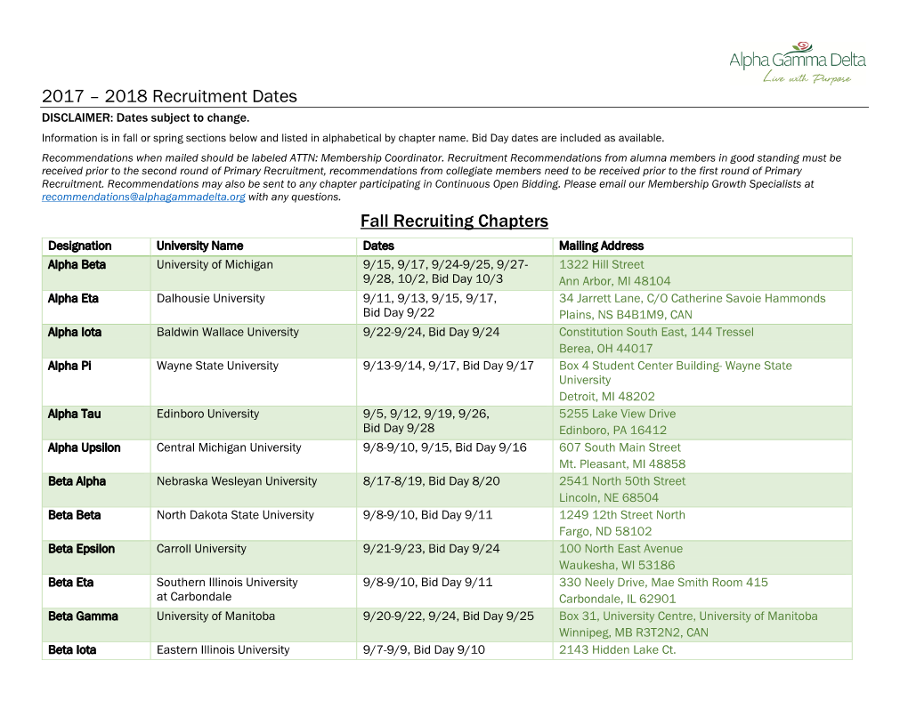 2017 – 2018 Recruitment Dates Fall Recruiting Chapters